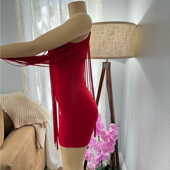 Red Retro Sheath Dress Size S Small Fringe Tassel Spaghetti Strap Peep Pt Toe - Picture 6 of 14